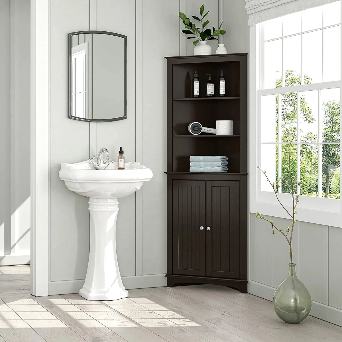 Spirich Tall Corner Cabinet with 2 -Shutter Doors, free-standing floor cabinet, White