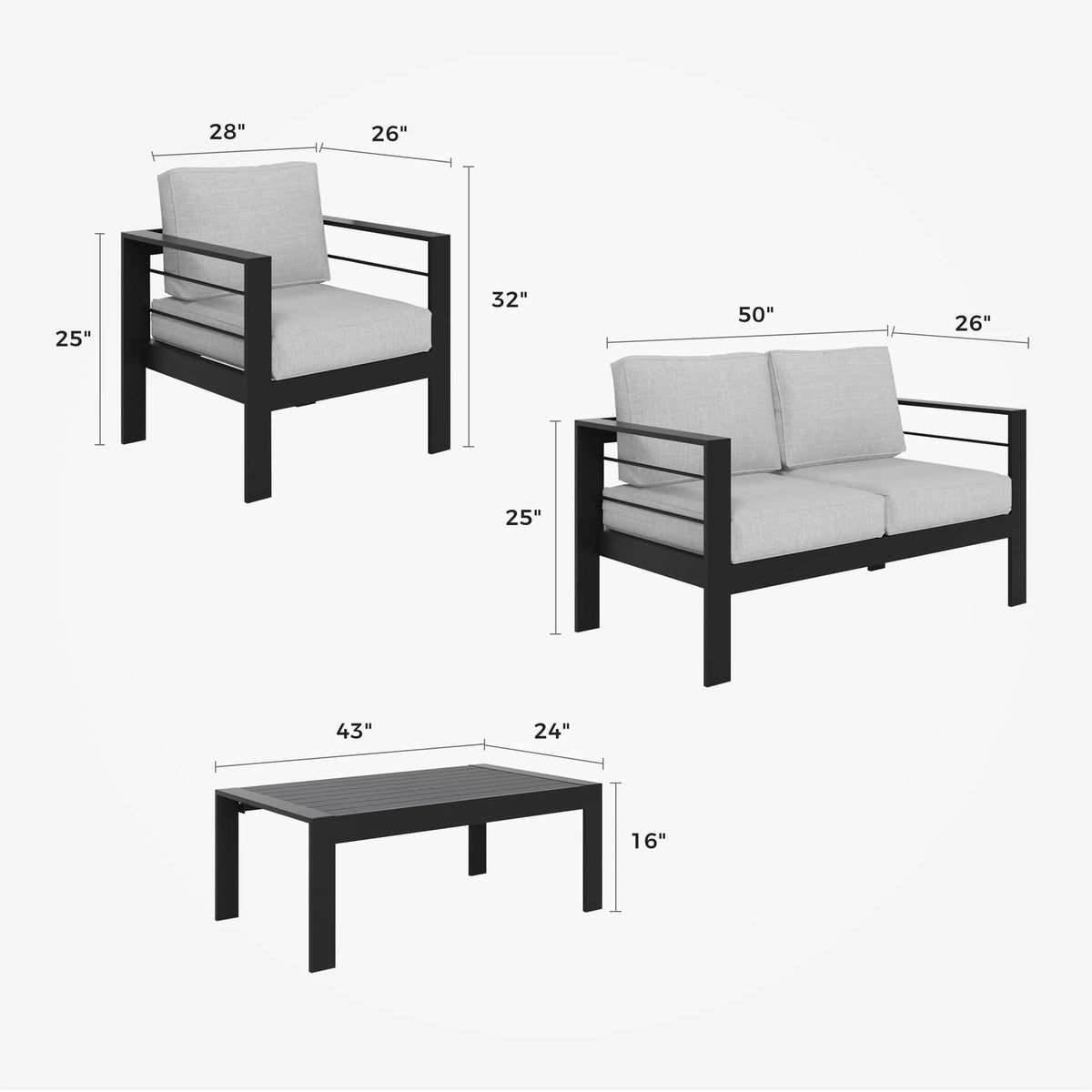 CozyHom 5 Pcs Outdoor Patio Aluminum Furniture Sofa Sets, Outside Patio Conversation Couch Sets With Table&Cushions for Garden Porch, Gray