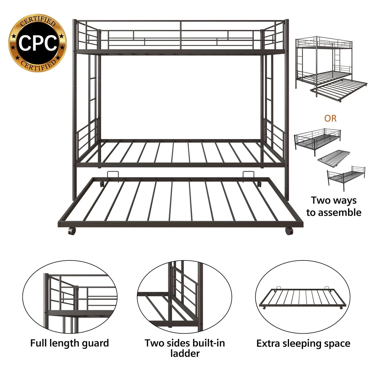 Twin Over Twin Bunk Bed with Trundle, Metal Twin Bed with Safety Guard Rail and Ladders, Space-Saving Design Sleeping Bedroom Bunk Bed for Boys, Girls, Kids, Young Teens and Adults, Easy Assembly, K92