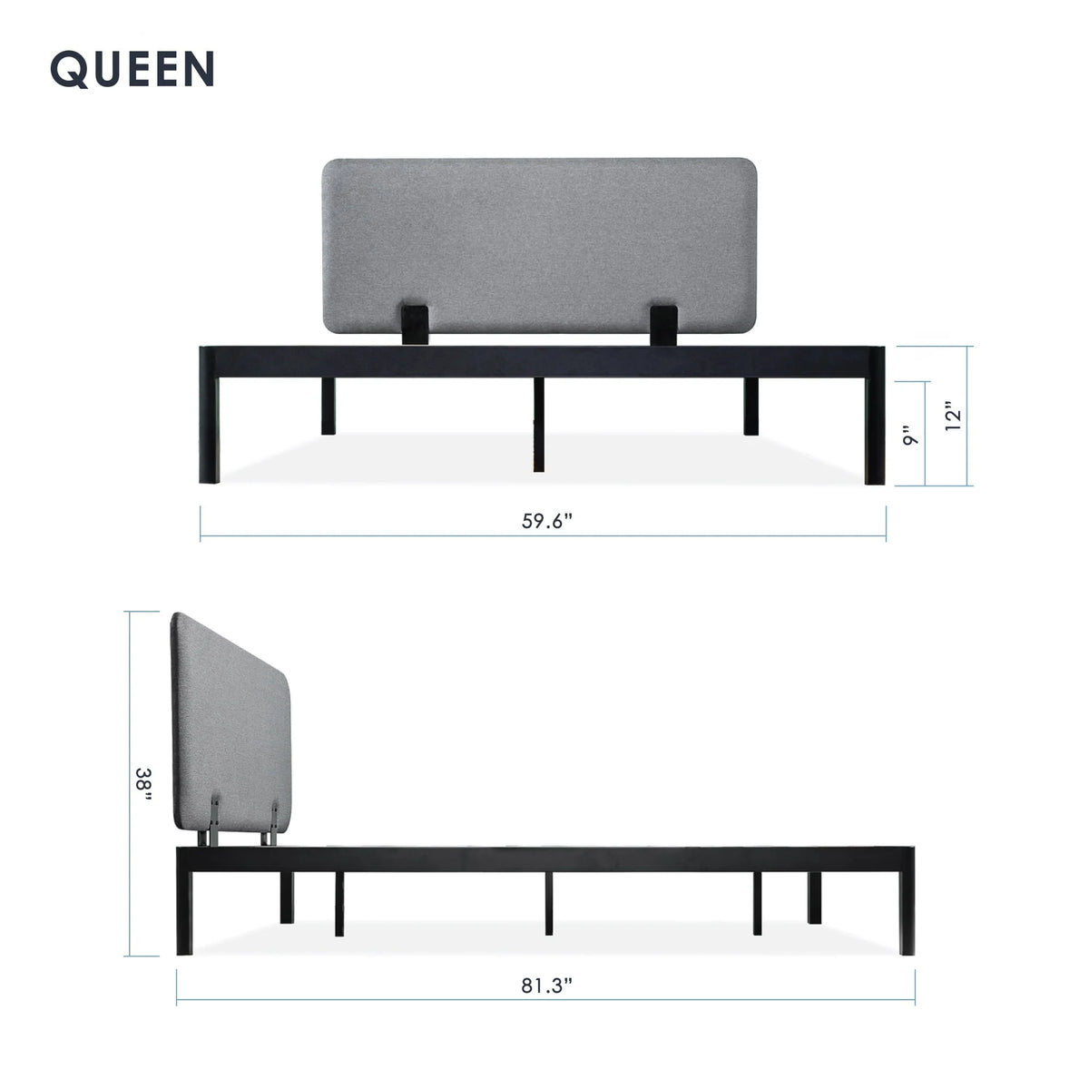 Mellow Kert Metal Platform Bed with Fabric Headboard and Rounded Legs, Classic Grey, Queen