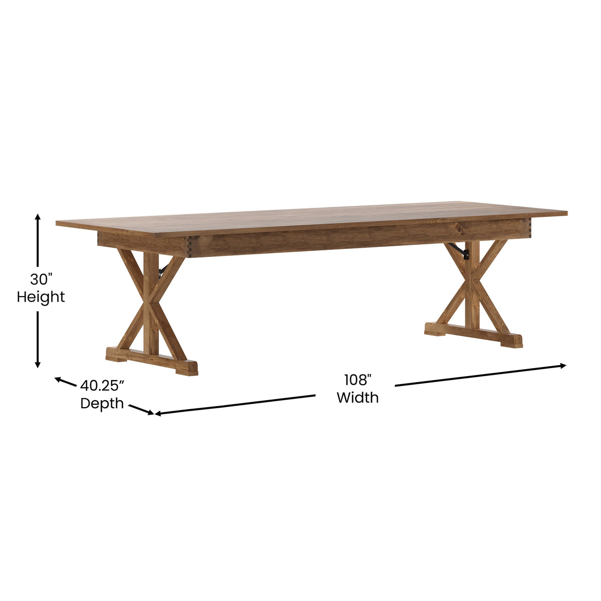 Merrick Lane 9' x 40" Rectangular Antique Rustic Solid Pine Foldable Dining Table with Crisscross Legs