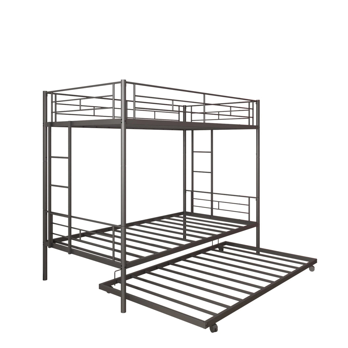 Twin Over Twin Bunk Bed with Trundle, Metal Twin Bed with Safety Guard Rail and Ladders, Space-Saving Design Sleeping Bedroom Bunk Bed for Boys, Girls, Kids, Young Teens and Adults, Easy Assembly, K92