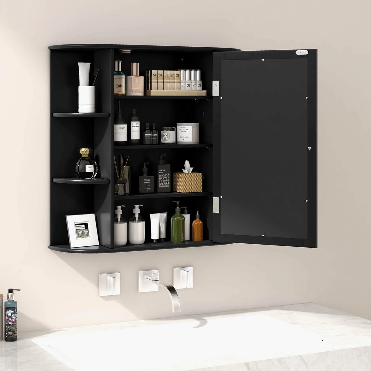 Costway, White, Medium Density Fiberboard, Multipurpose Mount Wall Surface Cabinet Mirror Glass, 26.00 x 6.50 x 23.50 Inches