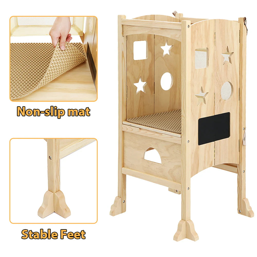 Foldable Toddler Kitchen Step Stool Helper, Adjustable Height Safety Cooking Stool Tower for Toddlers