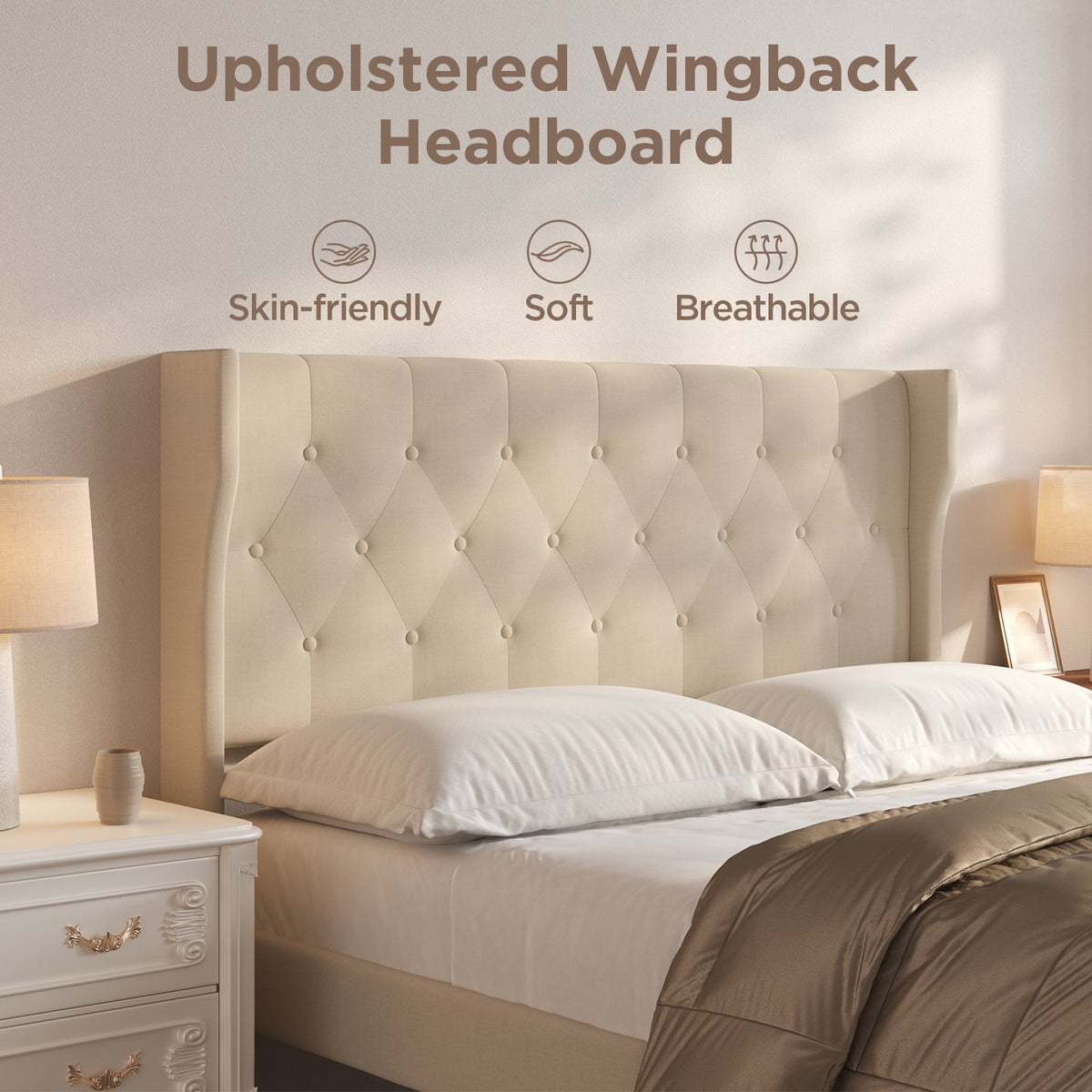 Lofka Queen Size Bed Frame with Upholstered Wingback Headboard Beige Finish