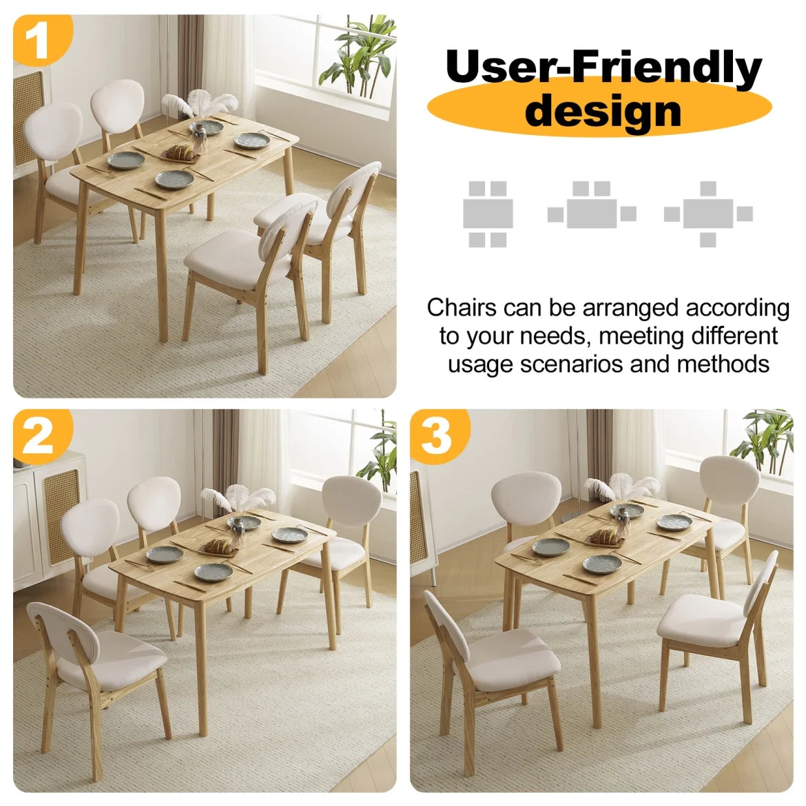 5-Piece Wooden Kitchen Table and Chair Set, Dinette Sets with 1 Rectangular Table and 4 Upholstered Chairs, Space-Saving Dining Table Set for 4, Natural