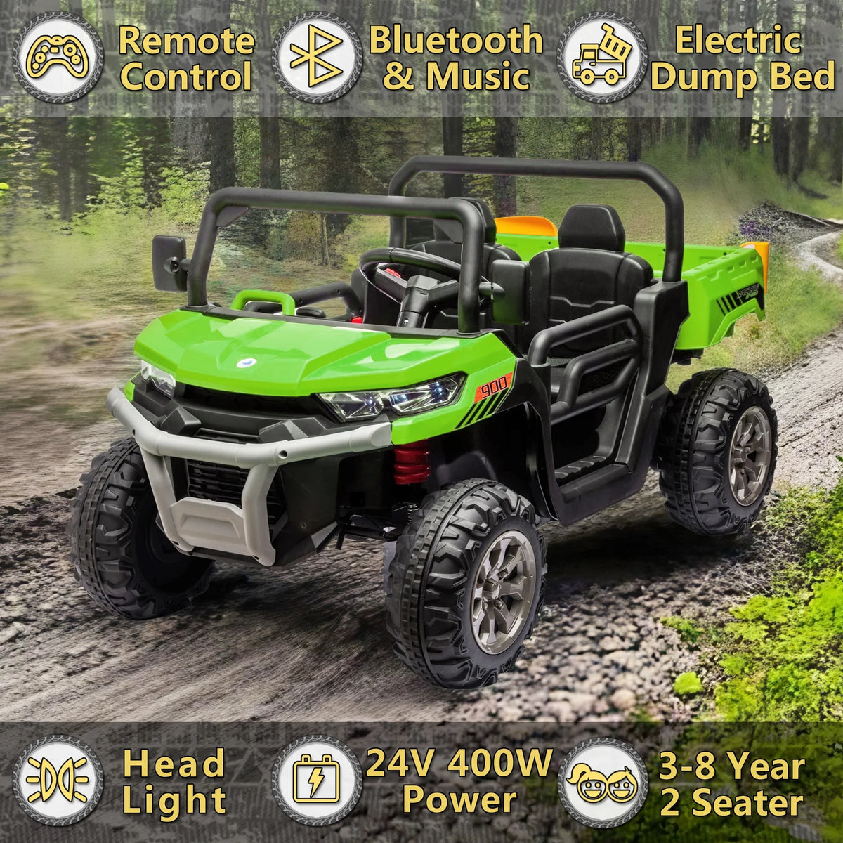 Xuanlur 24V 2 Seater Kids Ride on Car Truck, Ride on UTV W/ 2x200W Motor, 24 Volt Ride on Toys W/ Dump Bed/Shovel, Electric Car for Kids W/ Durable Tires, LED Light, Music, Remote Control, Black