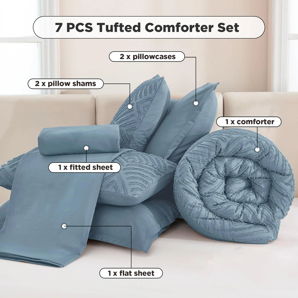 Queen Comforter Set 7 Piece Dark Emerald Green - Bed in a Bag Queen Boho Lightweight Fluffy Tufted Bedding Sets with Comforter, Sheets, Pillowcases & Shams