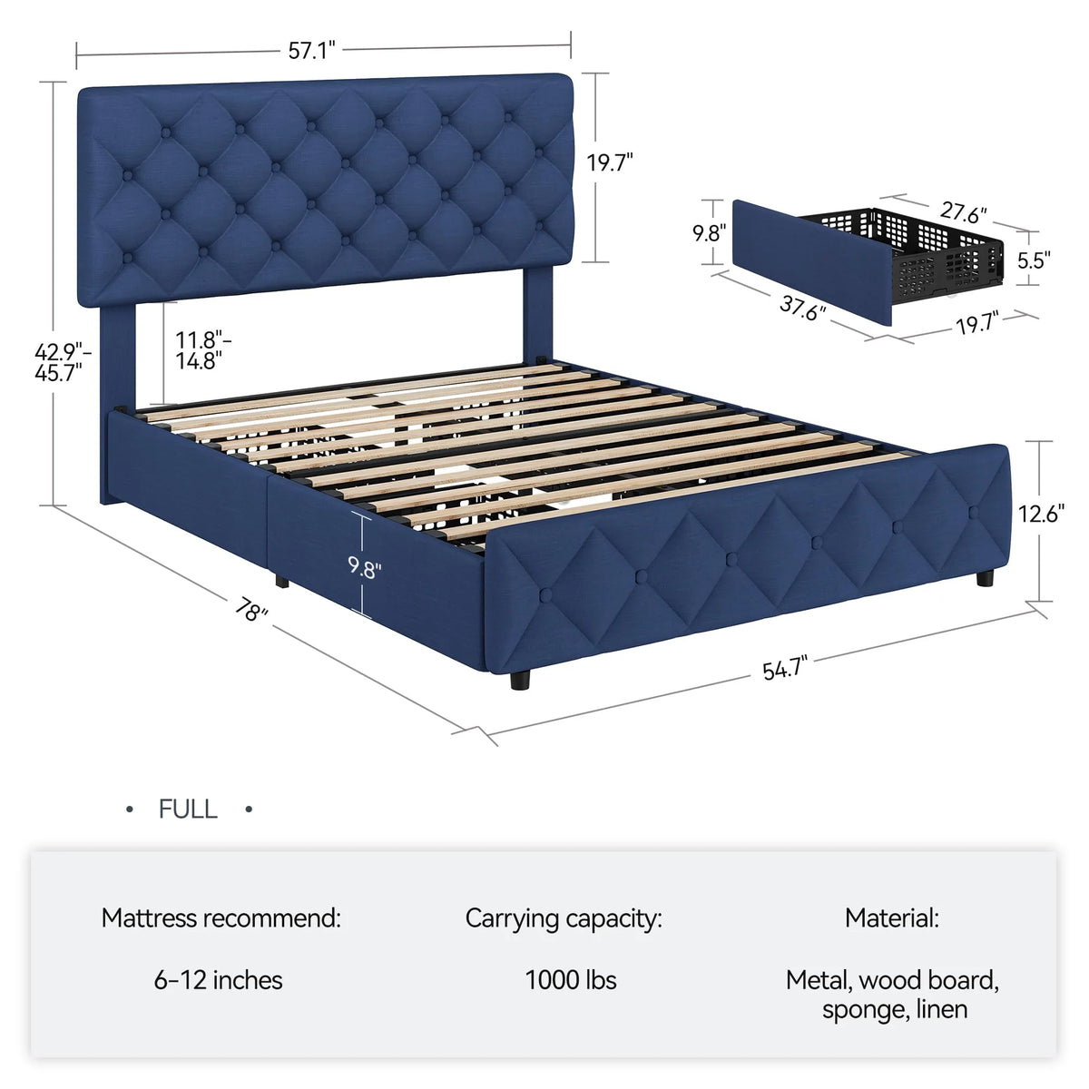 TROPOW Full Size Bed Frame,with 4 Storage Drawers and Adjustable Headboard, Linen Upholstered Platform Bed Frame, Diamond Stitched Button Tufted, No Box Spring Needed,White