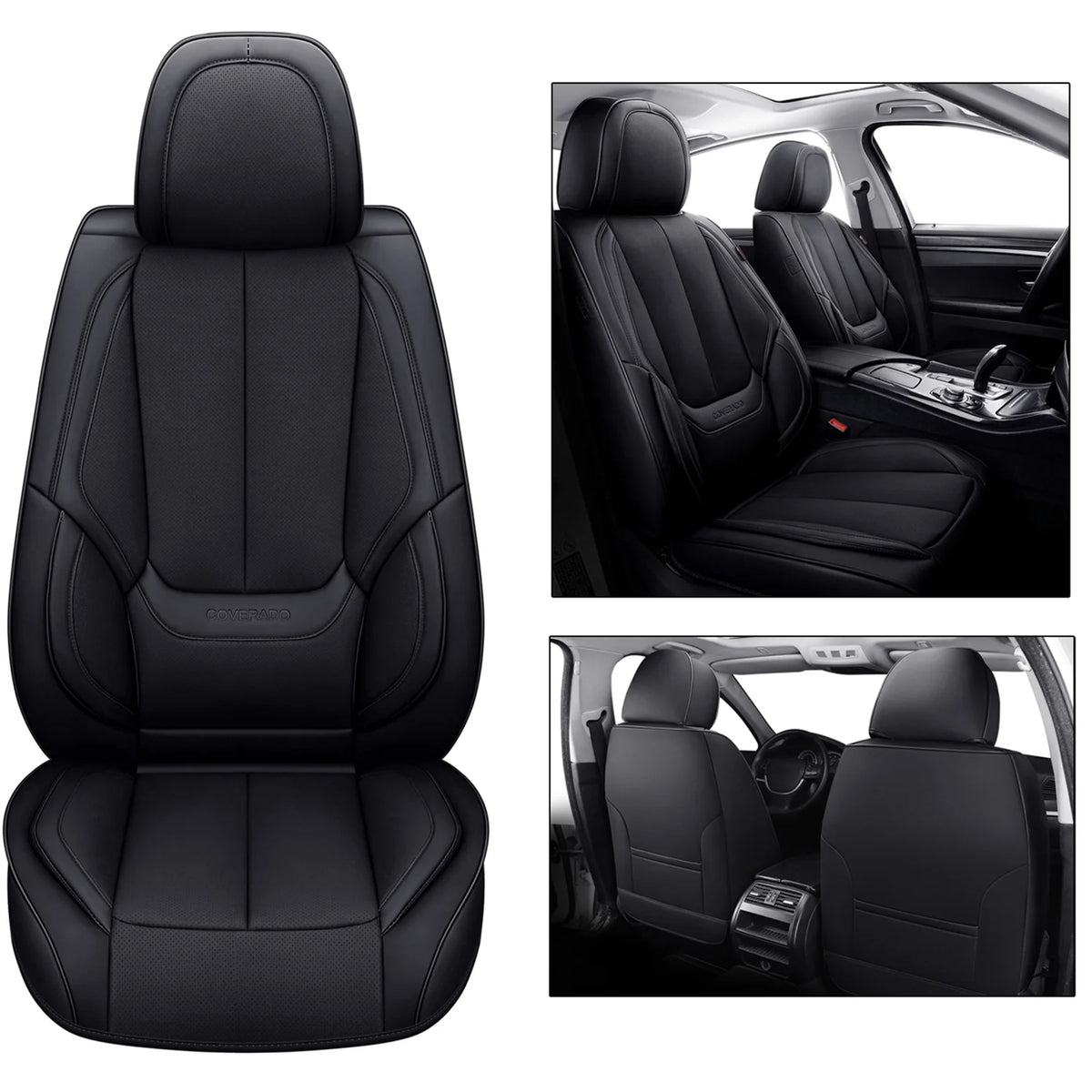 Coverado Black Front Car Seat Covers, Stylish Waterproof Premium Leather Automotive Seat Protectors, Airbag Compatible Auto Interior Accessories Universal Fit for Most Cars SUV Pick-up Trucks