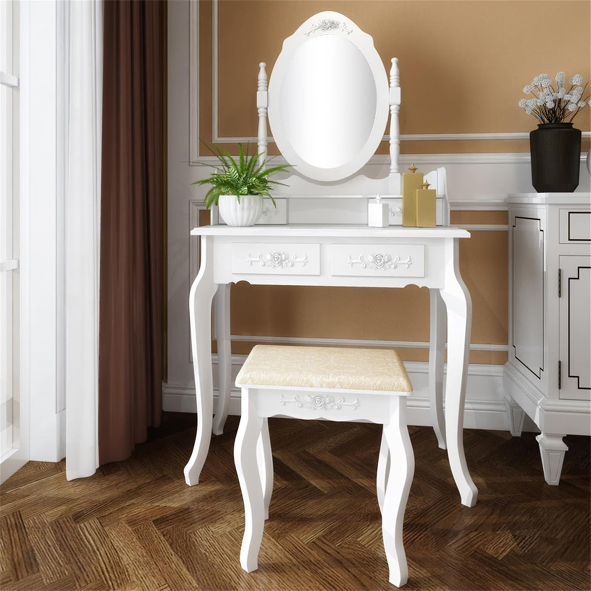 Veryke Vanity Table Set with 4 Drawers & Removable LED Mirror, Makeup Desk with Stool - White