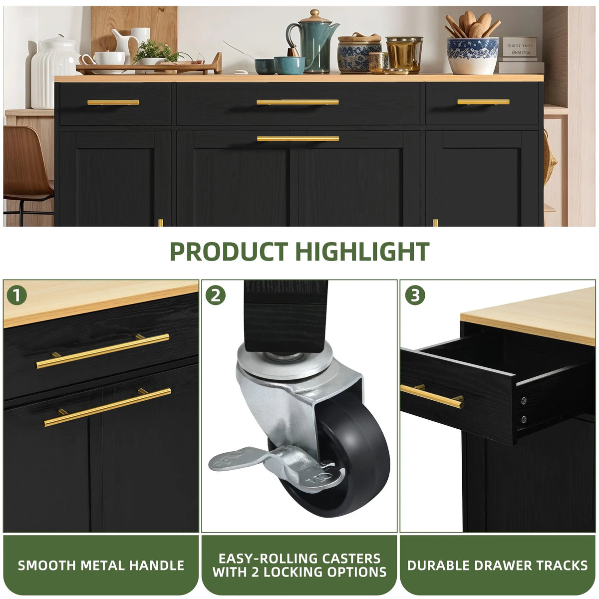 Uforic Kitchen Island with Drop Leaf & Wheels, Island Table with Trash Storage Cabinet, Black
