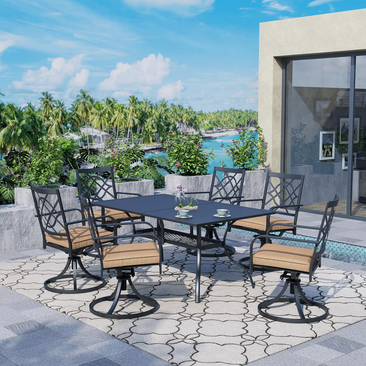 SUNCROWN 5-Piece Outdoor Wrought Iron Chairs and Table Patio Dining Furniture Set - 4 Stackable Metal Chairs, 1 Steel Slat Bistro Table and 1 Sky Blue 9Ft Patio Umbrella for Garden Backyard Deck