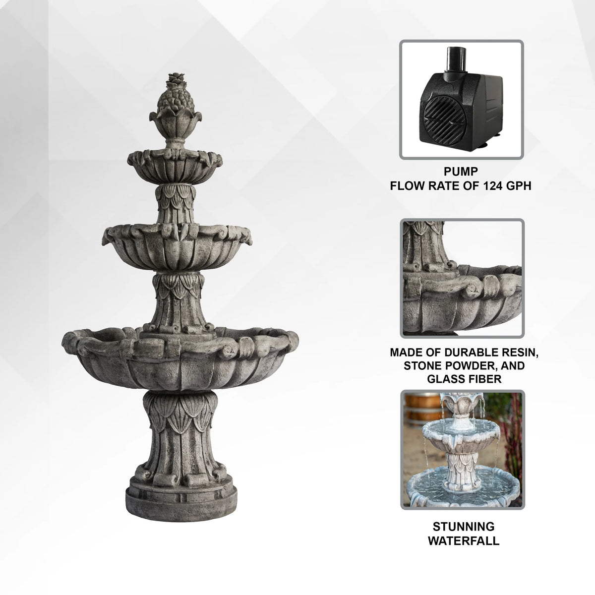 XBrand 58.3" 3-Tier Outdoor Freestanding Water Fountain - Classic Leaf Design, Gray Resin, Large Bird Bath with Pump - Ideal for Yard, Lawn and Garden, Porch Décor