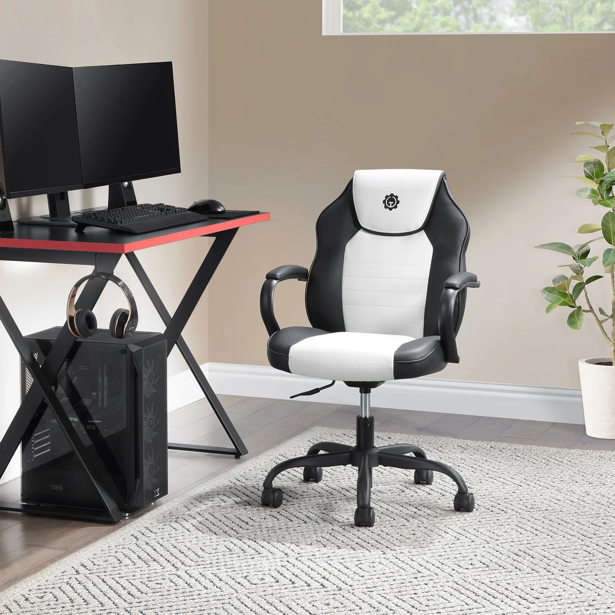 Gamer Gear Jr. Xplorer Gaming and Computer Chair, Kids and Teens Gaming Chair with Padded Arms, Adjustable Height, White and Black