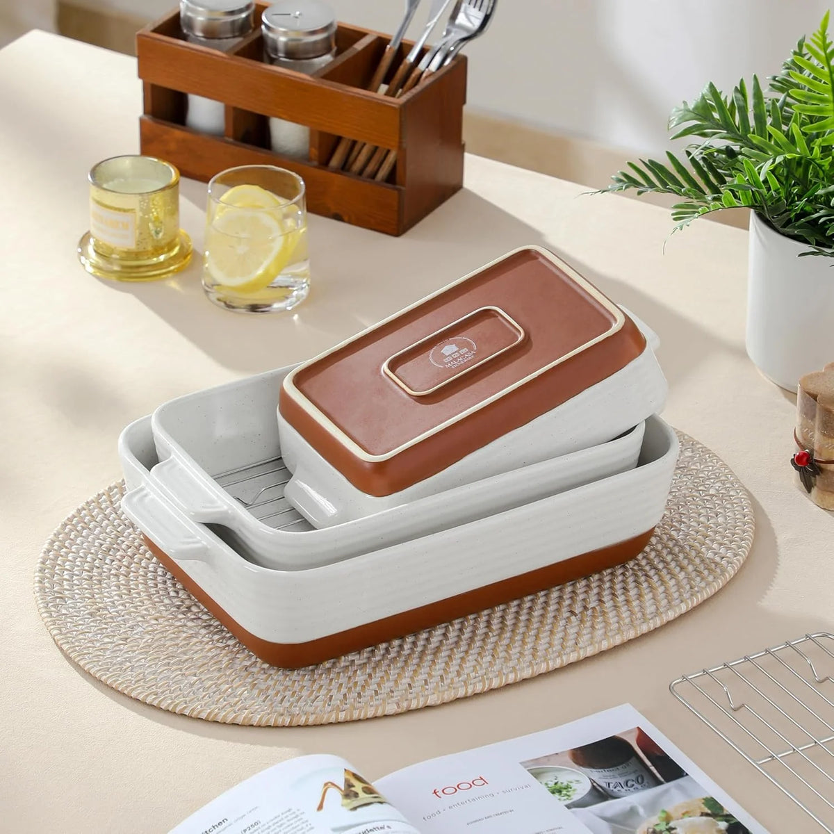 Casserole Dishes for Oven with Roasting Racks, Ceramic Baking Dishes Set of 3, Baking Pan Casserole Dish Set, Rectangular Lasagna Pan Deep with Handles for Baking, Khaki White (14.5''/13''/10.5''),
