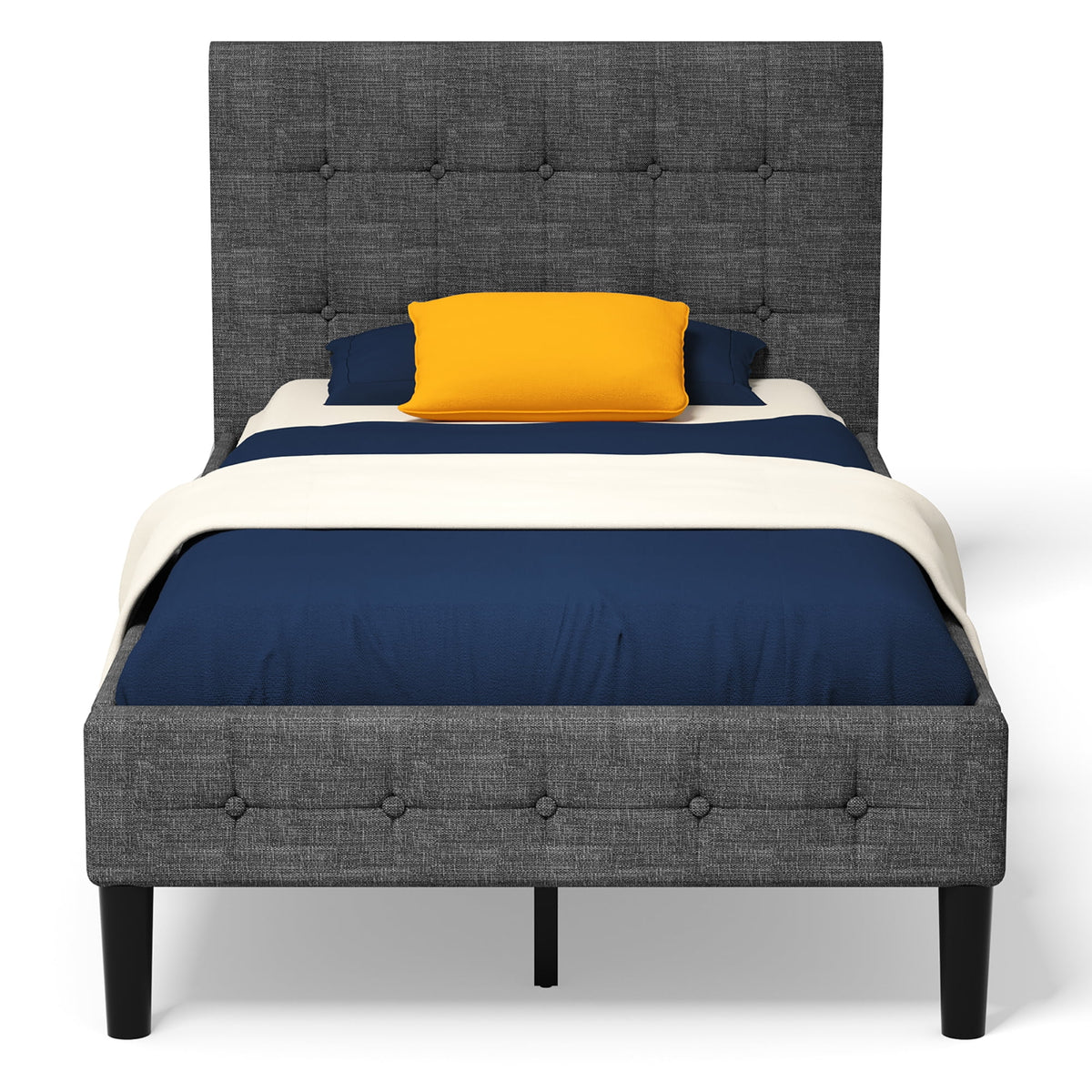 Costway Twin Upholstered Bed Frame Button Tufted Headboard Mattress Foundation Beige
