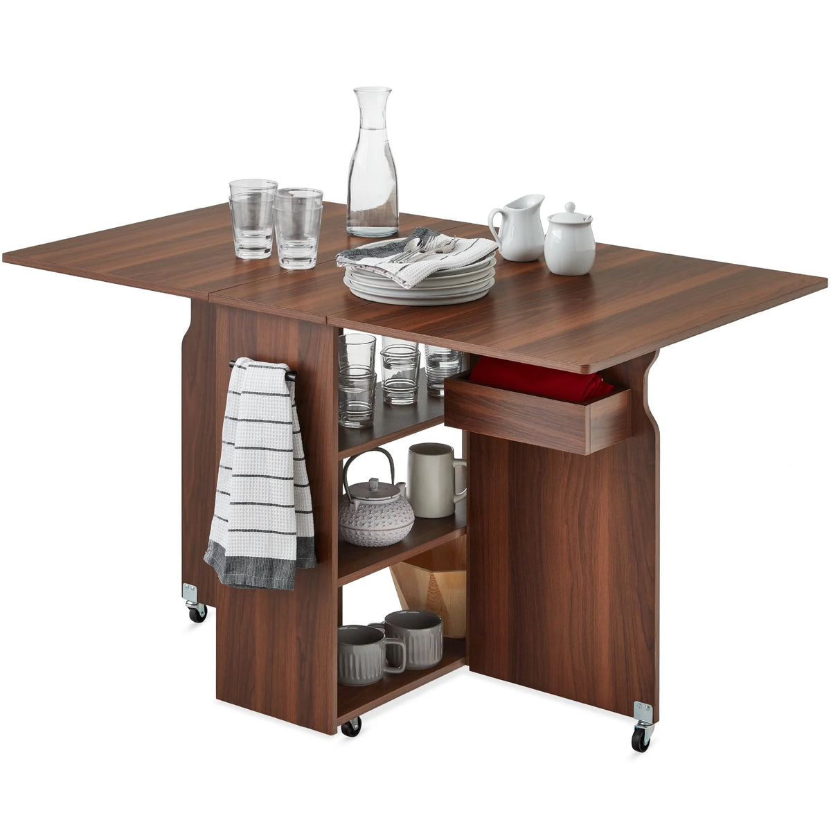 Best Choice Products Multipurpose Folding Table w/ Wheels, 3 Storage Shelves, Cubby, Handle - Brown