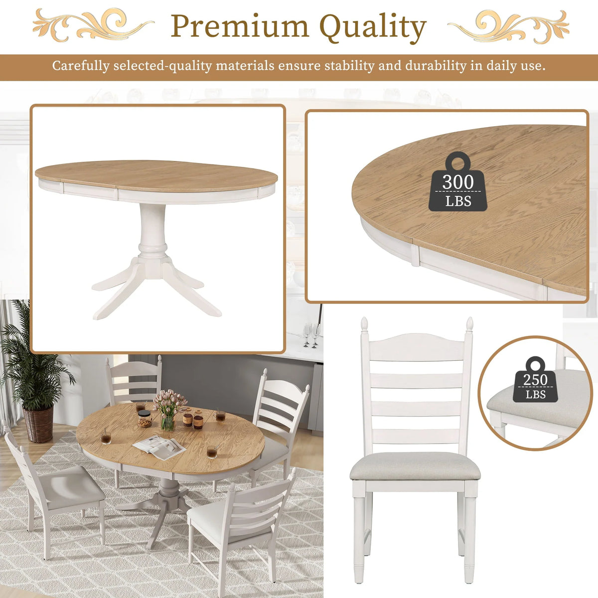 5 Piece Round Dining Table Set, Dining Room Set with Extendable Table and 4 Upholstered Chairs, Wood Dining Table Set for 4, Farmhouse Dining Table Set for Kitchen Dining Room Dorm Apartment, Brown