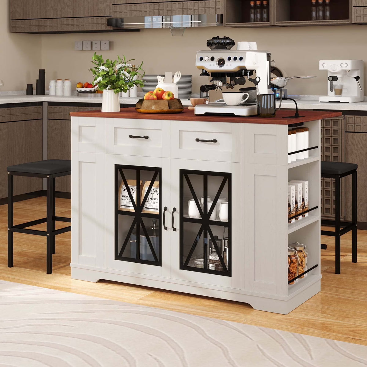DEXTRUS Kitchen Island with Seating & Drop Leaf, Kitchen Island on Wheels with Doors & Drawers, White