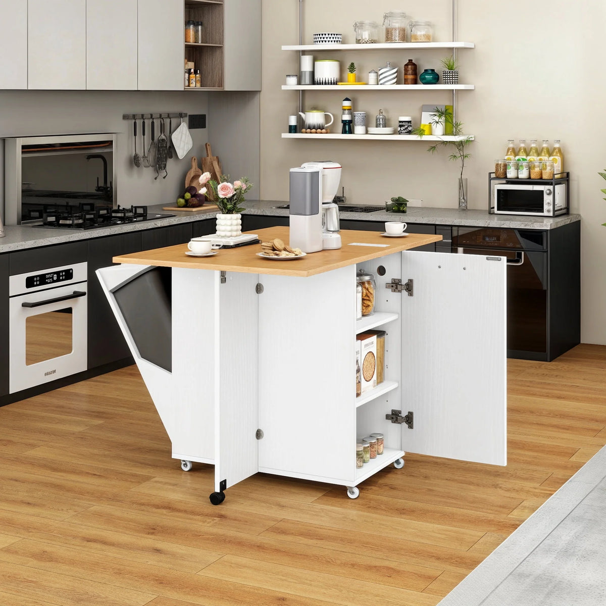 Uforic Kitchen Island with Drop Leaf, Kitchen Storage Cart with Power Outlets, Cabinet for 10-Gal Trash Bin, White