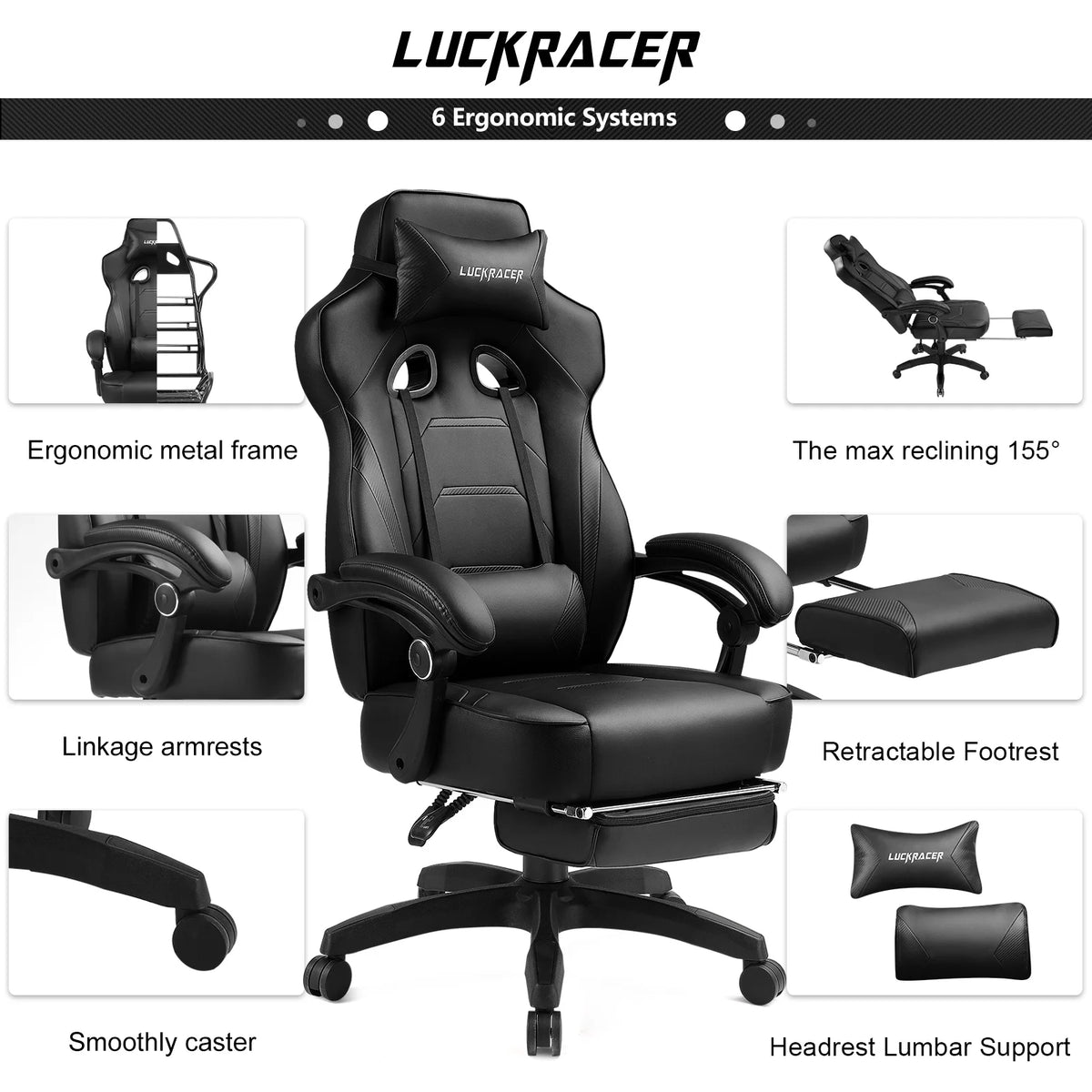 GTPLAYER Gaming Chair with Footrest, Big and Tall Game Chair 350lb Racing Style Computer Chair, Ergonomic Executive Office Chair High Back with Lumbar Support and Recliner, Black