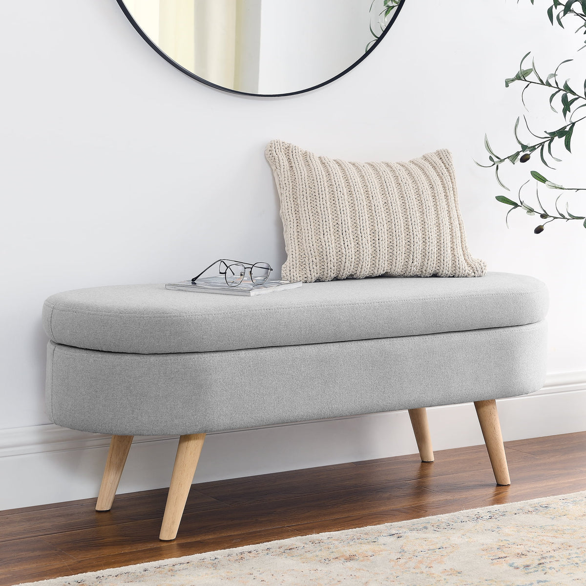 Furniliving Modern Upholstered Button Tufted Storage Ottoman Entryway Bench, Ivory