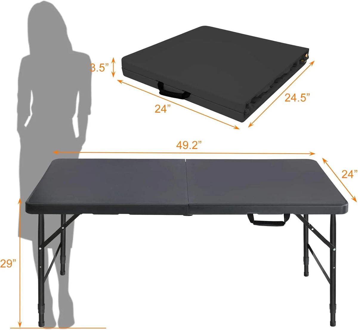 Folding Table with Carry Handle, Portable Fold-in-Half Plastic Table, Rectangle Foldable Table for Indoor