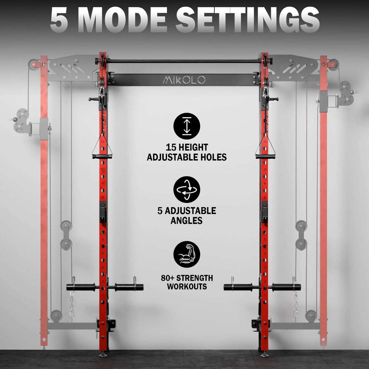 Mikolo Foldable Power Rack Cage,1000lbs Capacity Wall Mounted Squat Rack with independent pulley system, Space Saving Home Gym Equipment with 5 Adjustable Angle