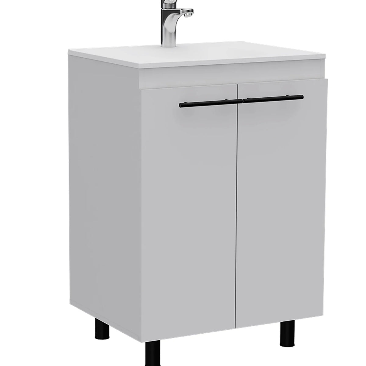 24" Floor Cabinet With Oak Finish, Double-door And Two Shelves - Storage Room Vanity Beige Particle Board Cabinet, Double Door & Spa