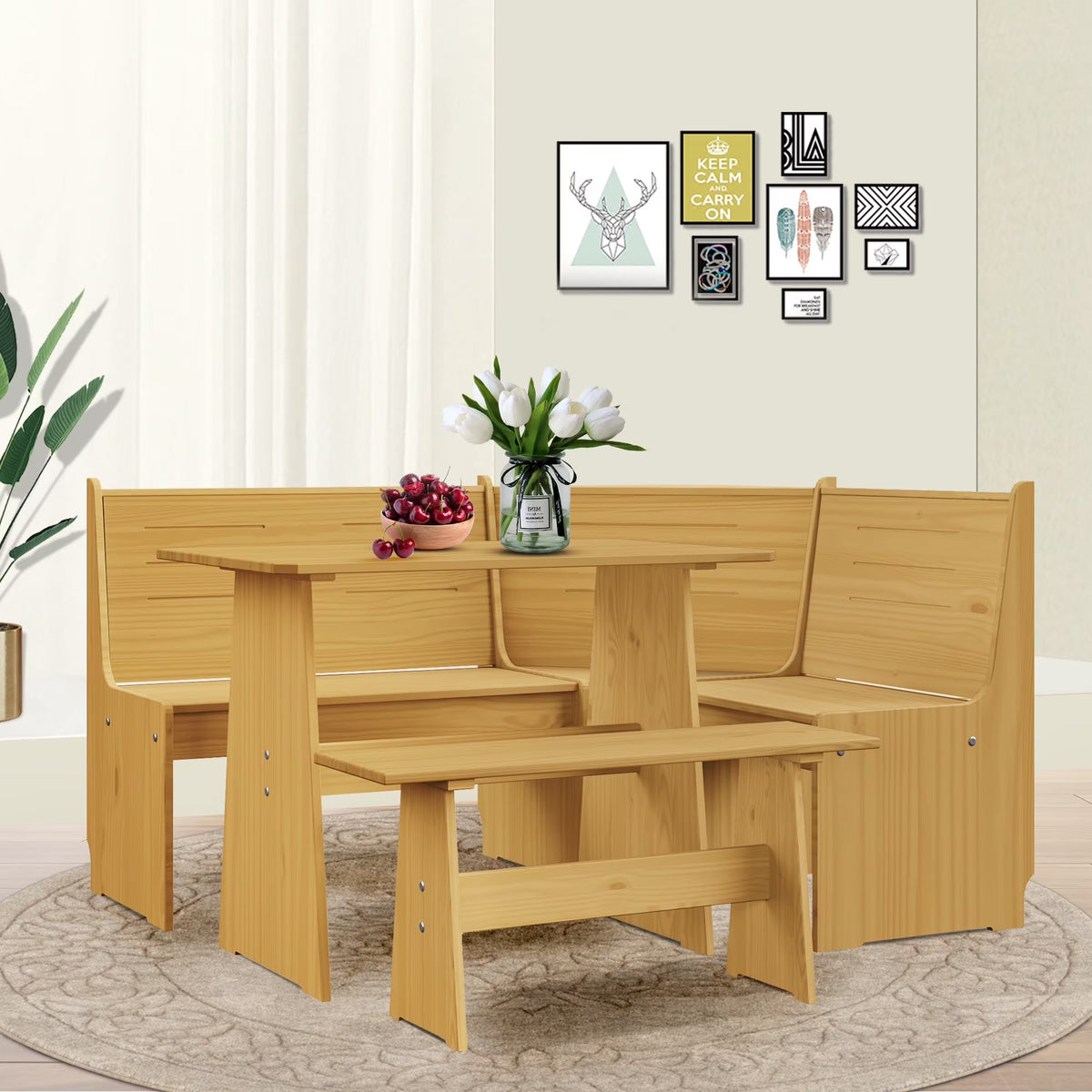 Breakfast Nook Kitchen Corner Dining Table Bench Chair Set, Space-Saving 3-4 Seat L-Shape Farmhouse Mid Century Modern Style for Family Home Black Wood