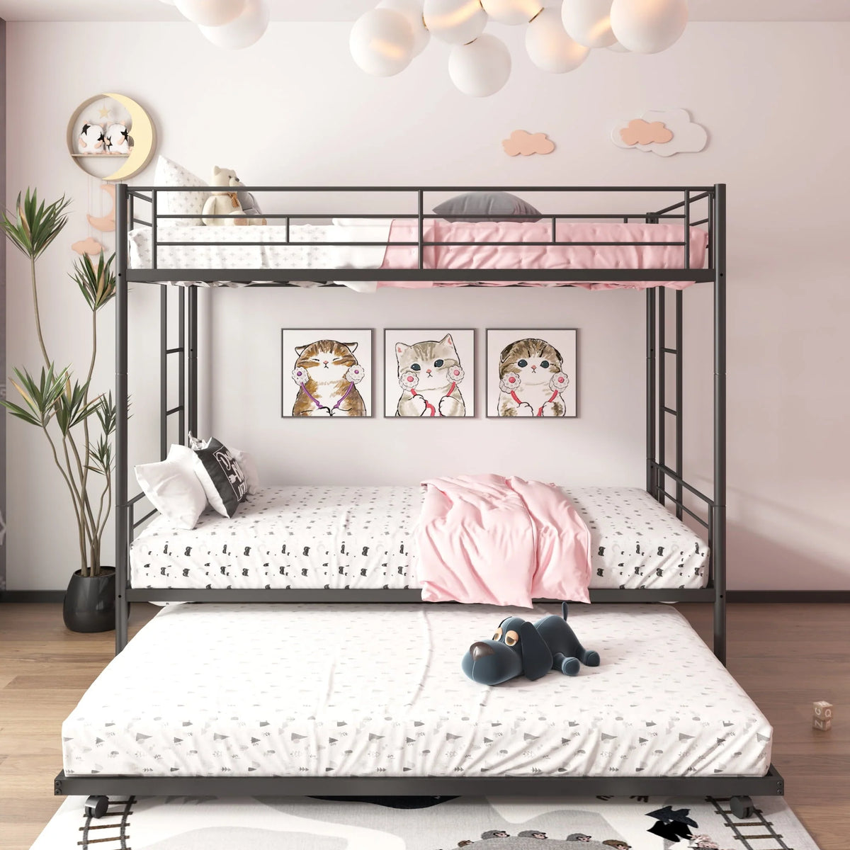 Twin Over Twin Bunk Bed with Trundle, Metal Twin Bed with Safety Guard Rail and Ladders, Space-Saving Design Sleeping Bedroom Bunk Bed for Boys, Girls, Kids, Young Teens and Adults, Easy Assembly, K92