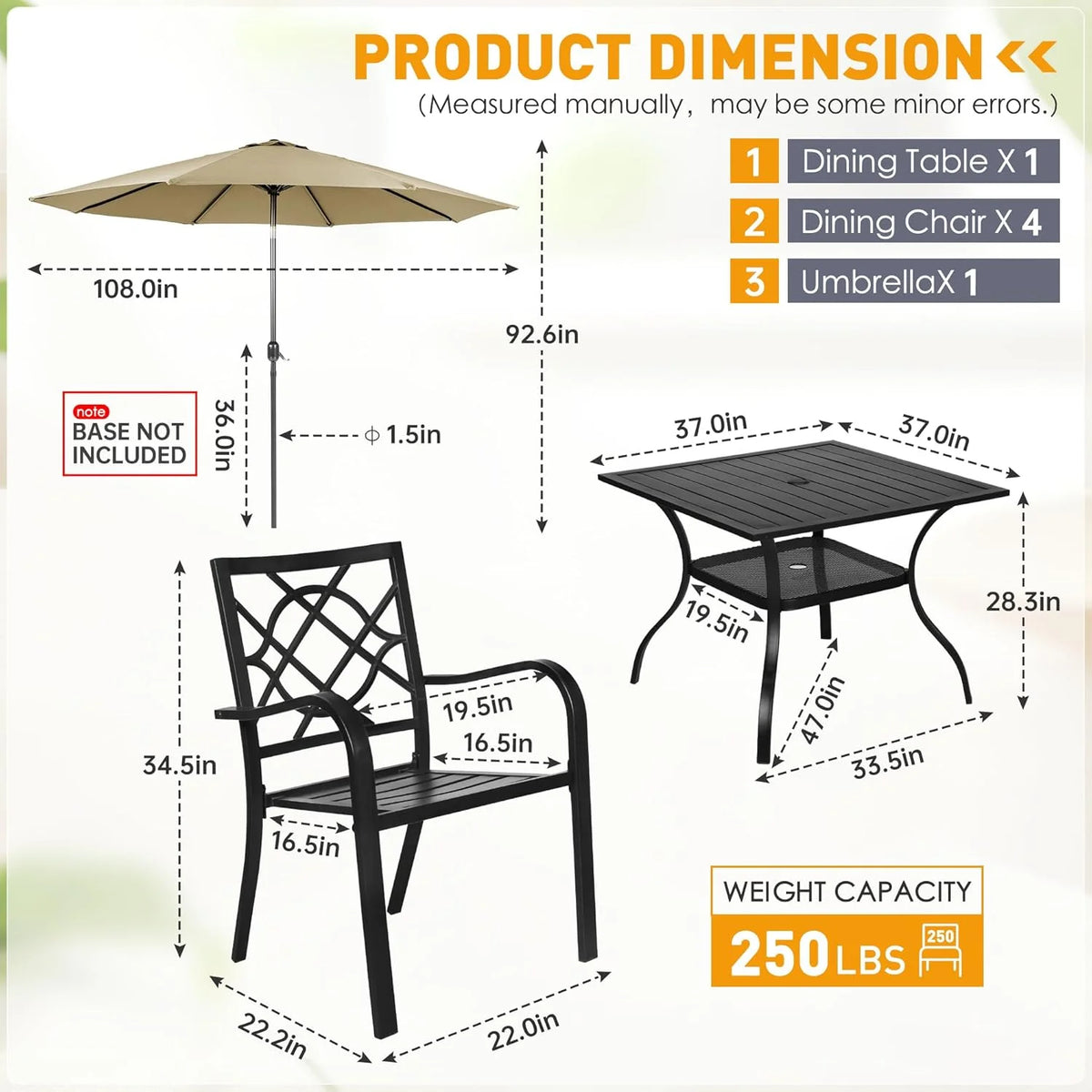 SUNCROWN 5-Piece Outdoor Wrought Iron Chairs and Table Patio Dining Furniture Set - 4 Stackable Metal Chairs, 1 Steel Slat Bistro Table and 1 Sky Blue 9Ft Patio Umbrella for Garden Backyard Deck