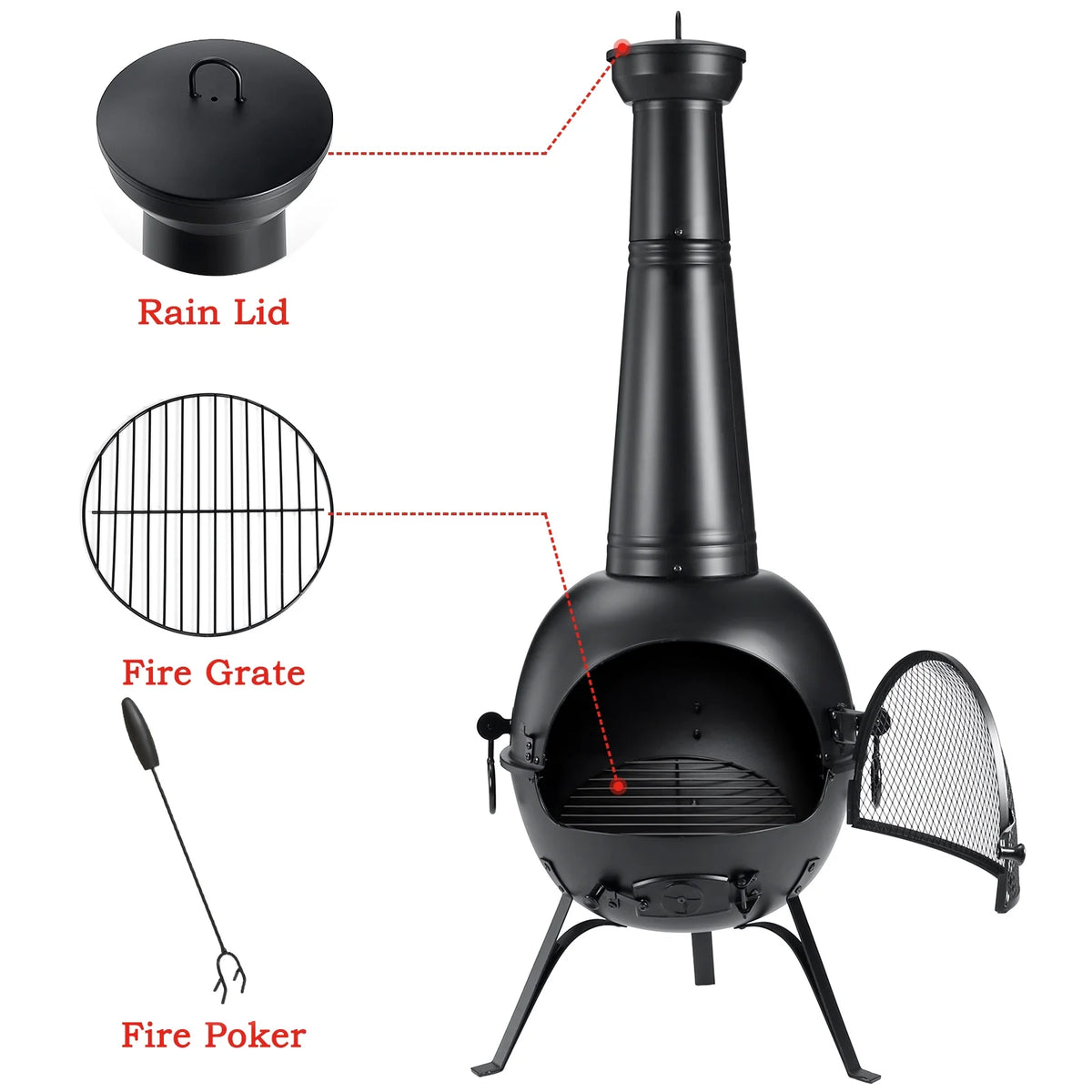 54.5in Fire Pit Chiminea Outdoor Fireplace Cast Iron Fireplace for Outside Garden Treasures Cast Iron Wood Burning Firepit Outdoor Heating with Log Grate, Poker and Cover