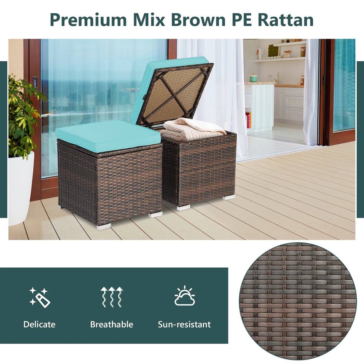 Costway 2PC Patio Rattan Ottoman Seat Side Table Storage Box Footrest Off White
