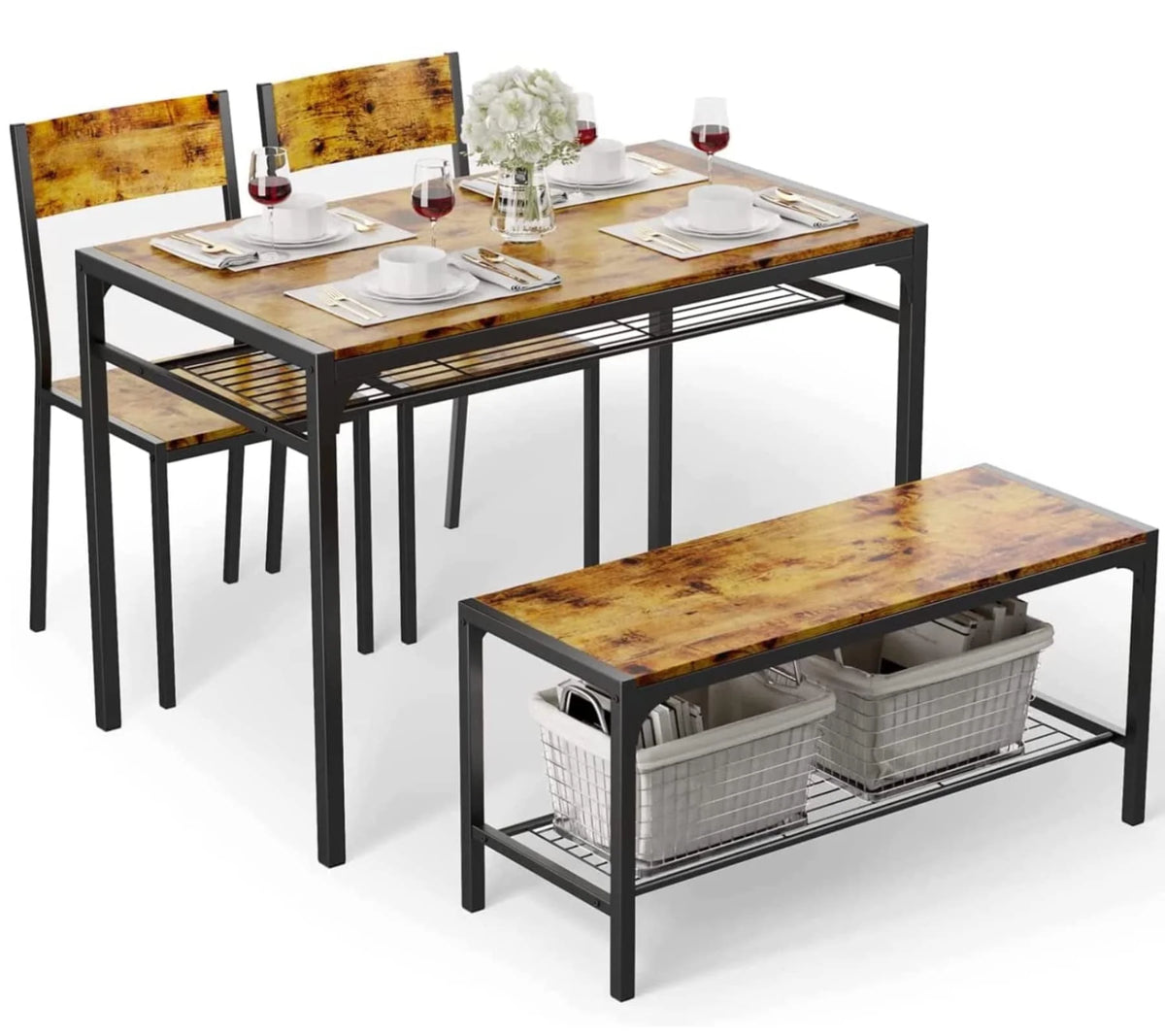 Lofka Dining Table Set for 4, Kitchen Table and Chairs Set with Bench for Small Space,  Breakfast Nook, Black
