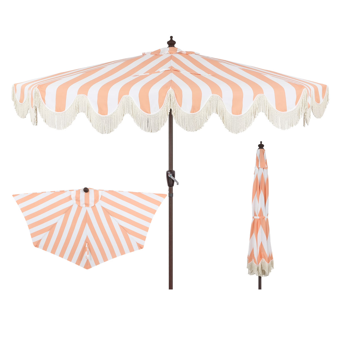 JONATHAN Y Beverly 9 ft. Half Market Patio Umbrella, Designer Classic Scalloped Fringe with Crank, Tilt Button and UV Protection, Blue/White/Cream, Dark Brown Pole