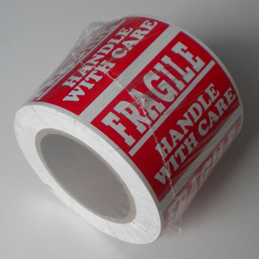 "FRAGILE / HANDLE WITH CARE" Shipping Labels, 4 x 3 inches, Red & White - 5 Rolls of 500 (2500 Stickers)