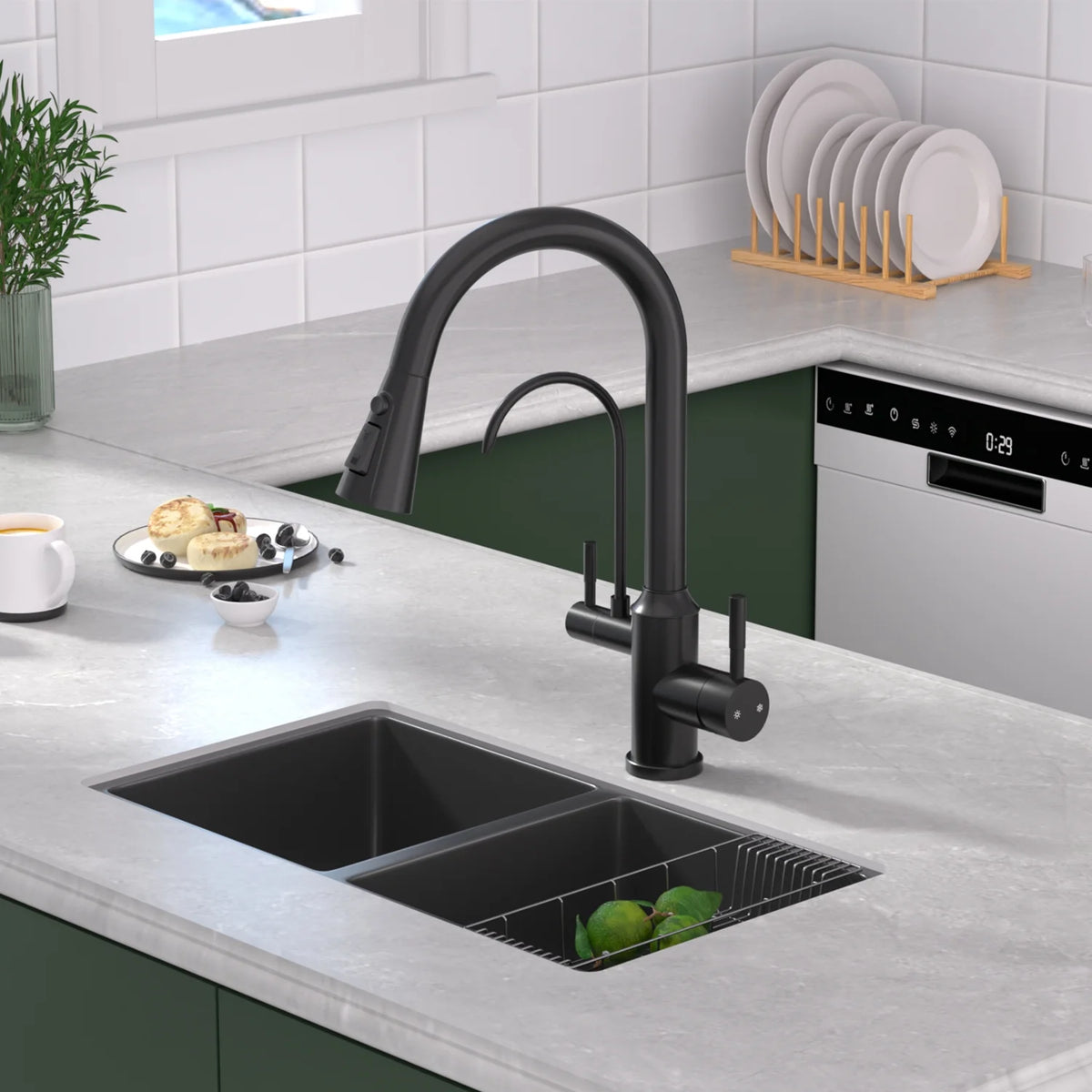 APPASO Kitchen Faucet with Water Filter, Matte Black 3 Way Sink Water Filter Faucet with Sprayer, 2 Handle Faucet with Water Purifier - 3 in 1 Faucet Black Matte (Without Water Filtration Device)