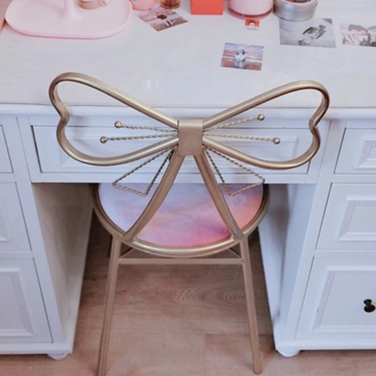 Vanity Stools, Metal Pink and Gold Bow Tie Makeup Dressing Stool Chair for Dressing Room Bedroom