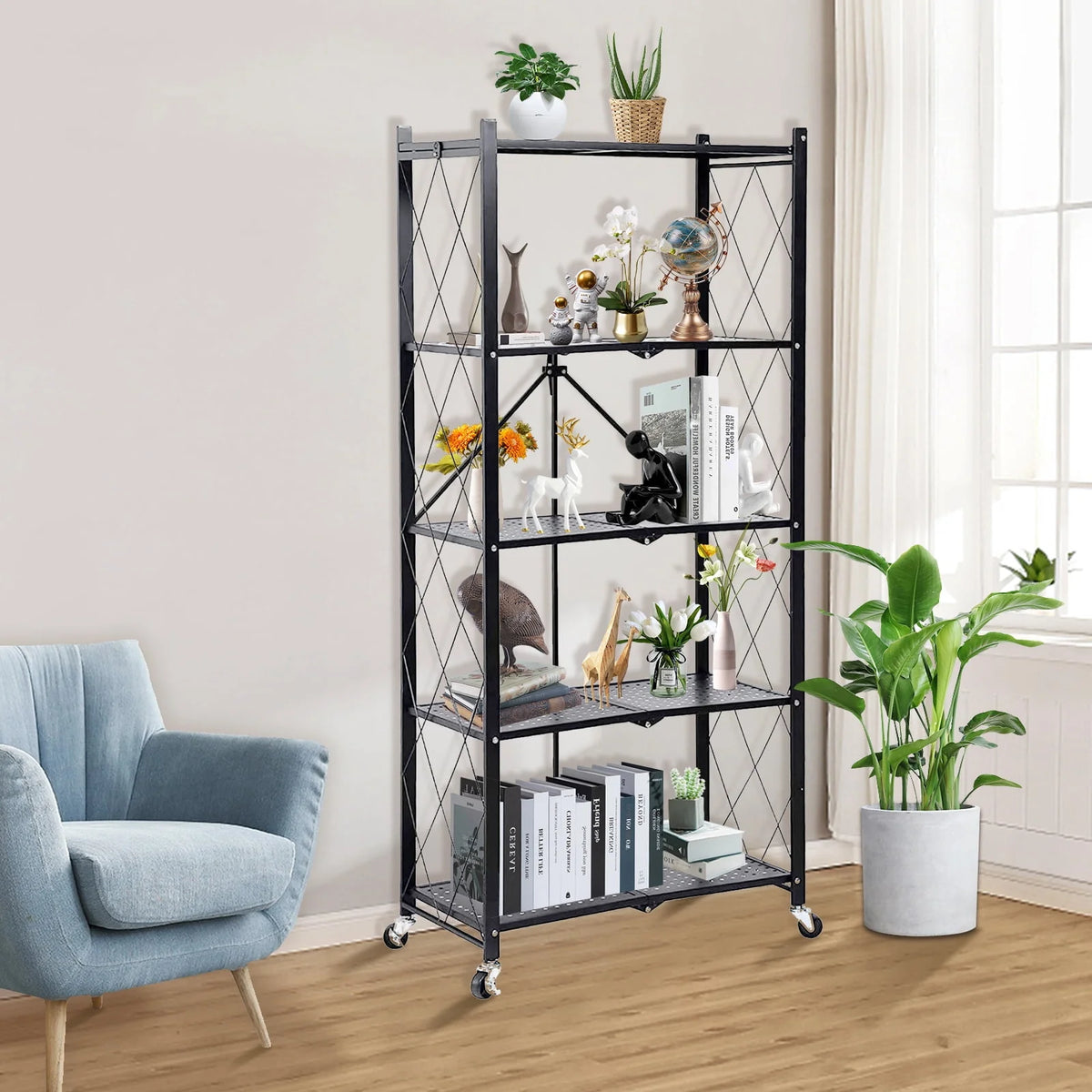 Vebreda 5 Tier Storage Shelves Foldable Metal Shelving Units Storage Racks with Lockable Wheels, Black