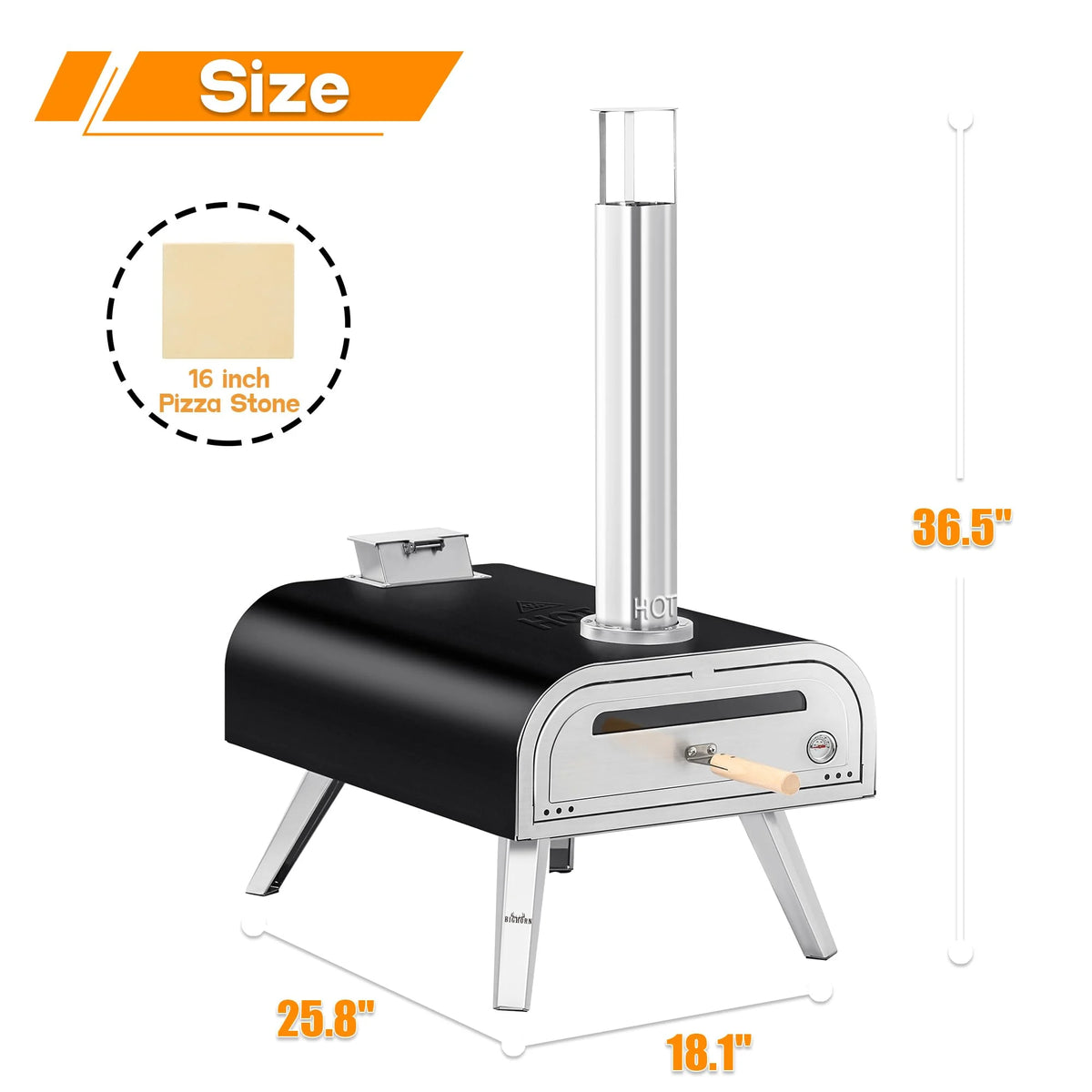 BIG HORN OUTDOORS 16 Inch Pellet Pizza Oven Outdoor, Wood Pellet Pizza Stove with Pizza Stone for Backyard, Camping, Silver