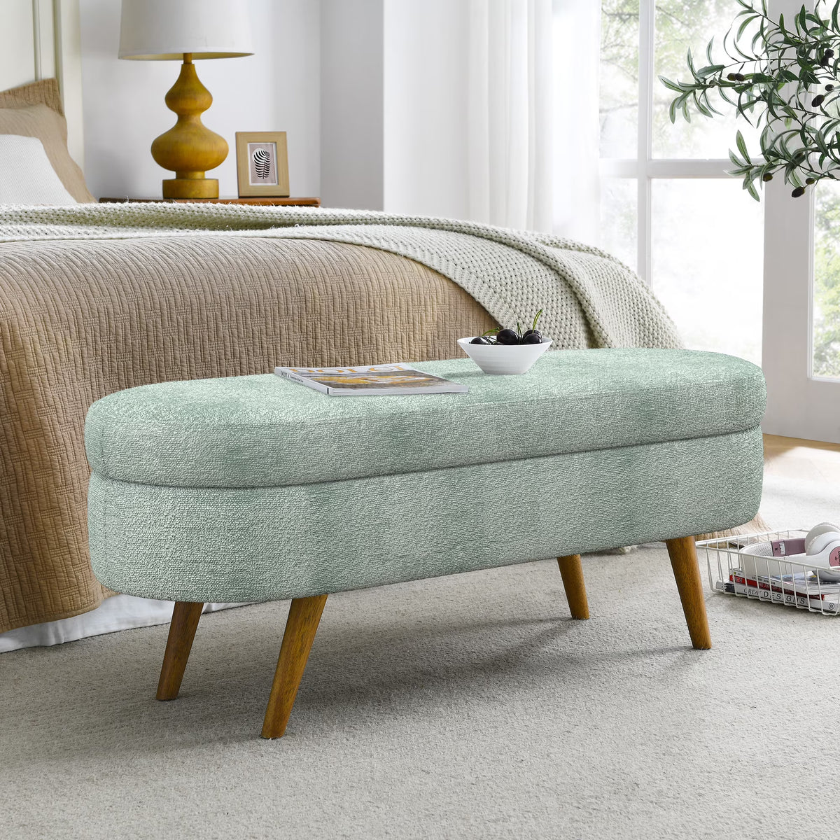 Furniliving Modern Upholstered Button Tufted Storage Ottoman Entryway Bench, Ivory