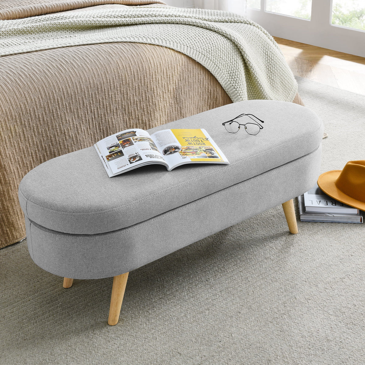 Furniliving Modern Upholstered Button Tufted Storage Ottoman Entryway Bench, Ivory