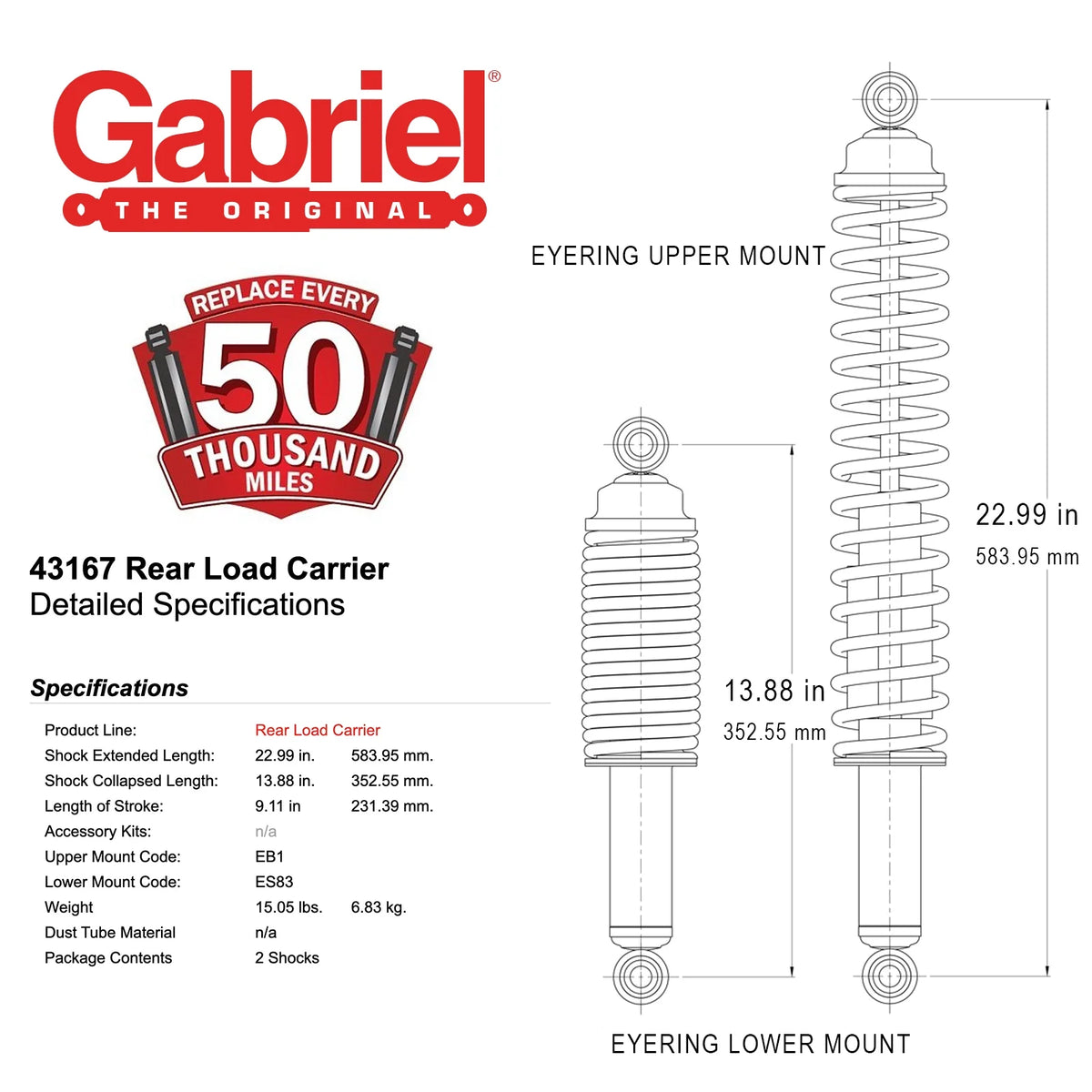 Gabriel 43167 Load Carrier Rear Towing Shock Absorbers Fits Ford Bronco, F-100, F-150, F-250, F-350, Ranger; Mazda B2300, B2500, B3000, B4000 - RWD (1 Pair)