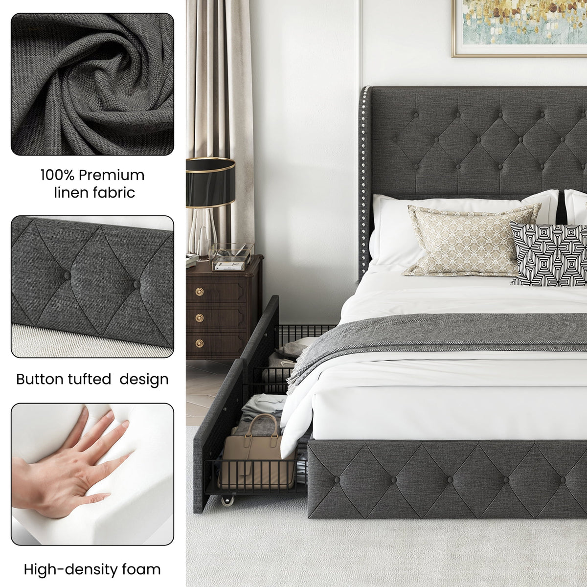 LARMACE Queen Size Platform Bed Frame with 4 Storage Drawers and Tufted Headboard Linen Upholstered Bed Wingback Bed Frame with Wooden Slats Support, Easy Assembly, Light Grey