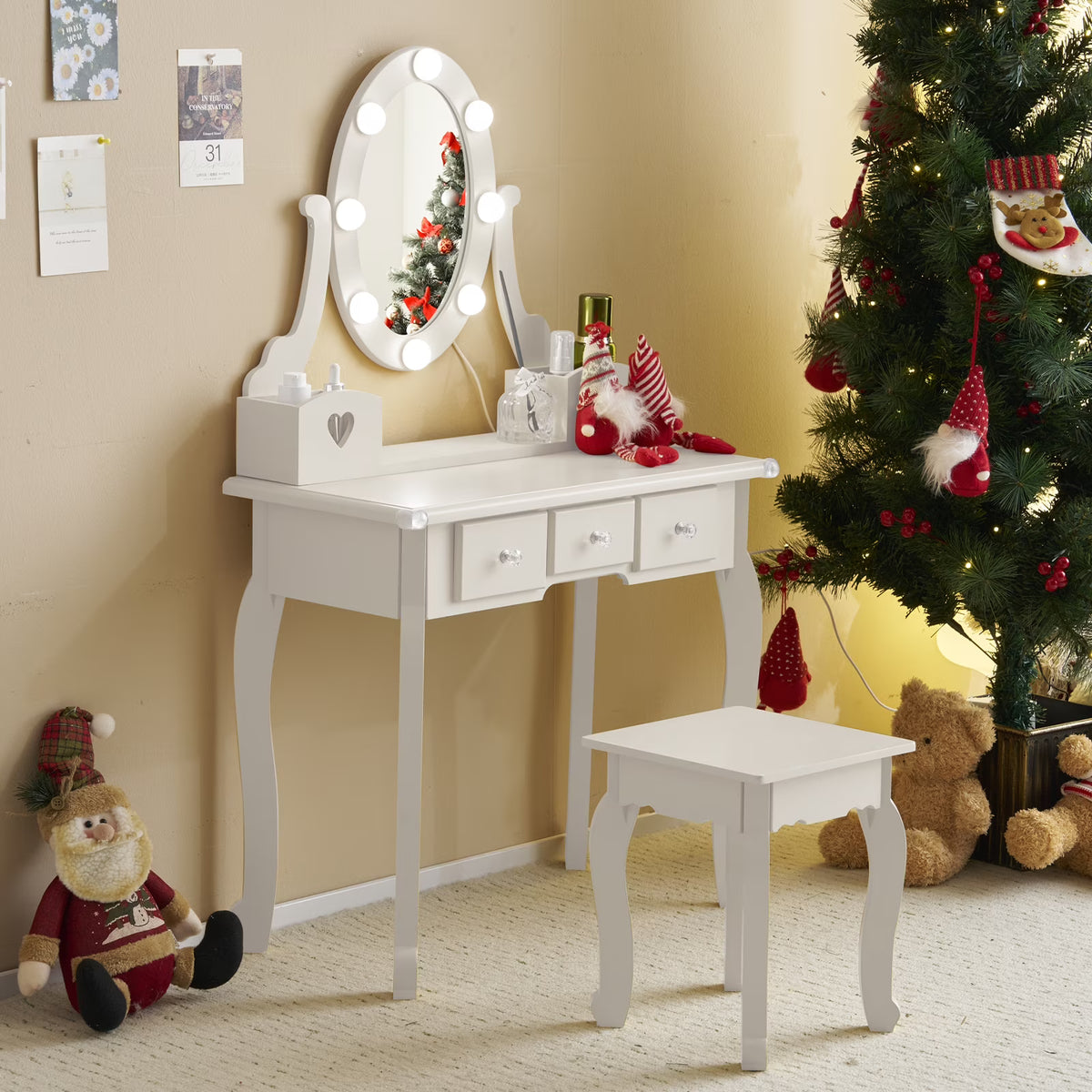 Zimtown Kids' Vanity Set with 3-Color LED Lighted Mirror Makeup Table with Matching Stool, Purple