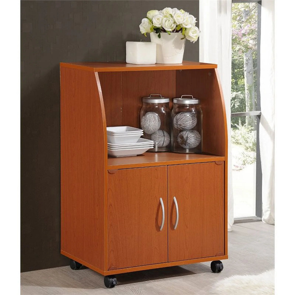 Pemberly Row Microwave Kitchen Cart in Beech
