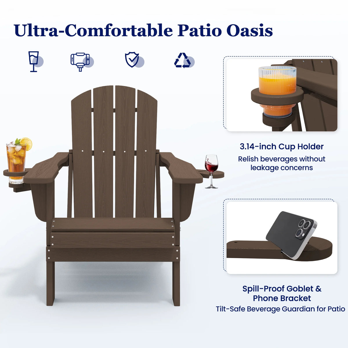 SERWALL Folding Adirondack Chair Set with Dual Cup Holders & Phone Holder, All-Weather HDPE Fire Pit Chairs for Outdoor, Patio, Poolside, Garden - Black
