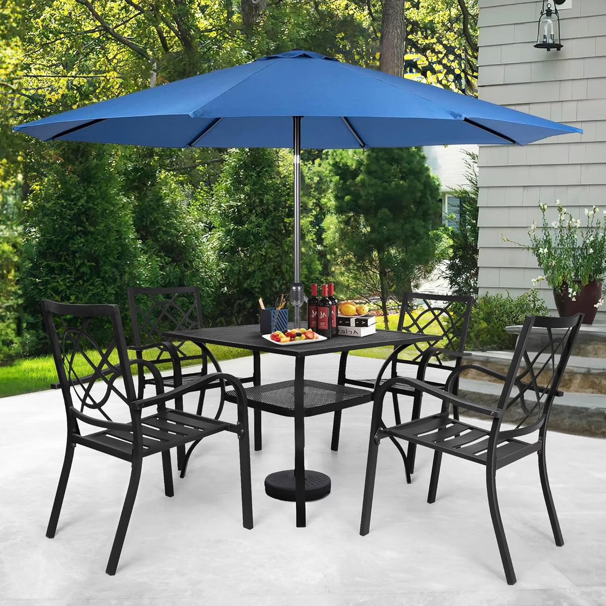 SUNCROWN 5-Piece Outdoor Wrought Iron Chairs and Table Patio Dining Furniture Set - 4 Stackable Metal Chairs, 1 Steel Slat Bistro Table and 1 Sky Blue 9Ft Patio Umbrella for Garden Backyard Deck